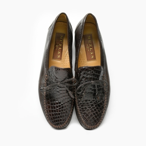 MEZLAN Bonds Driving Shoe/Loafer Moccasin with Crocodile Vamp in Brown Size 8M - Picture 2 of 12